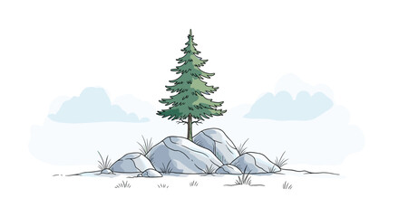 A solitary evergreen tree stands tall on a rocky outcrop covered in snow and ice.