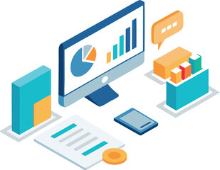 Isometric office workstation vector illustration showing data analysis and productivity tools