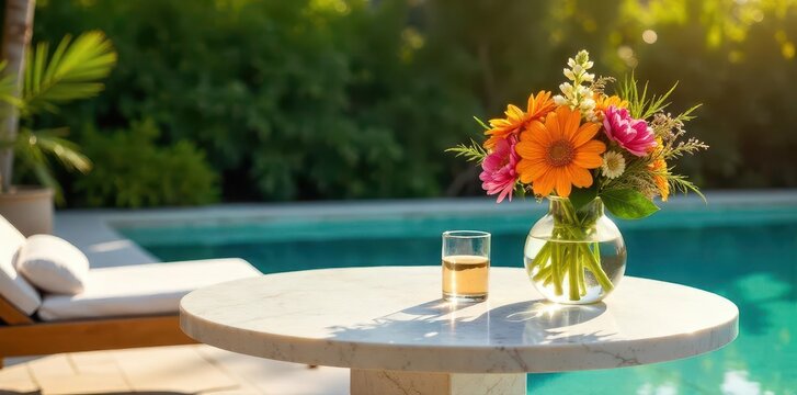 Colorful blossoms in a glass vase and a cool drink adorn a sunlit table, casting peaceful shadows by the sparkling blue swimming pool, evoking tranquil, luxurious, and refreshing outdoor leisure.