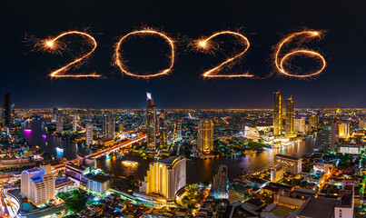 2026 happy new year fireworks over Chao Phraya river in Bangkok city at night, Thailand
