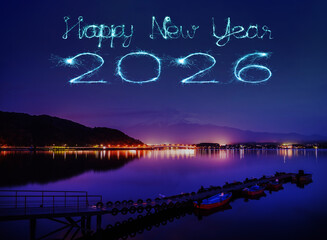 2026 happy new year fireworks over Mount fuji-san in japan at night