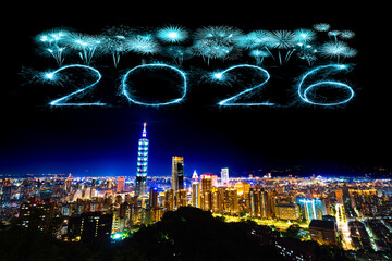 2026 happy new year fireworks over Taipei cityscape at night, Taiwan