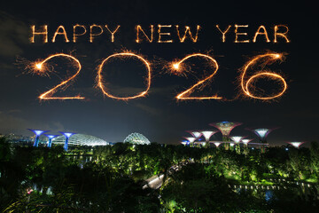 2026 Happy New Year fireworks over Singapore cityscape at night