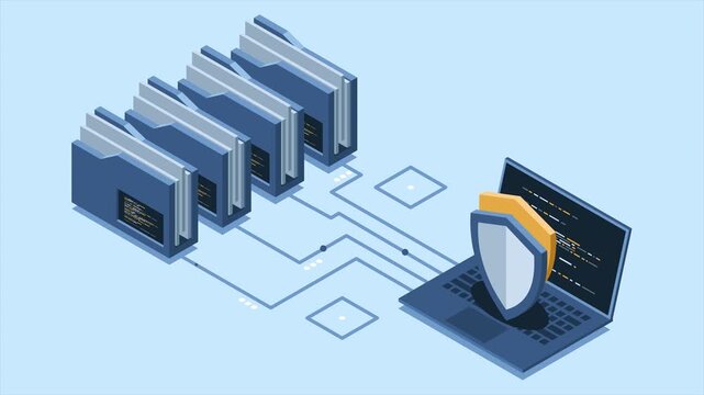Isometric data protection with folder and laptop animation. Folder security. Safe documents and folder. Cybersecurity concept. Isometric technology. 4K video animated in isometric style