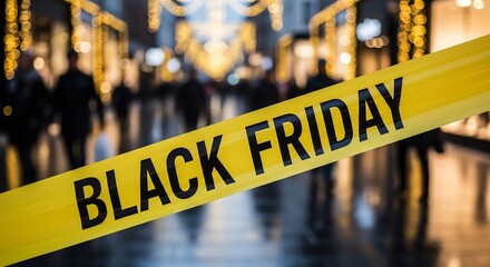 Black Friday concept photo. A yellow tape with the text 'Black Friday' on a festive street with people. Shopping season, promotions, commerce, retail, discount