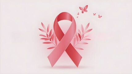 Pink Ribbon with Butterflies and Decorative Branches Breast Cancer Awareness Art