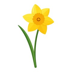 A vibrant, cartoon-style daffodil with yellow petals and a central cup, plus green stem/leaf
