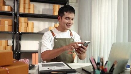 A confident online entrepreneur managing customer orders and digital marketing for his e-commerce business, symbolizing innovation, technology, and customer service excellence in modern trade.