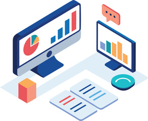 Isometric office workstation dual monitors vector illustration scalable eps icon