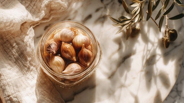 Rustic glass jar with pickled garlic cloves in olive oil on sunlit marble, linen cloth foreground, olive branch shadows in background, warm morning light, concept of mediterranean slow food - Powered by Adobe