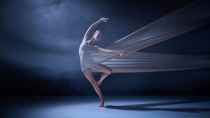 Ballet dancer wrapped in fabric balancing on one leg under studio light. Concept of dance technique, posture precision, and movement control for professional art projects. © Lustre Art Group 
