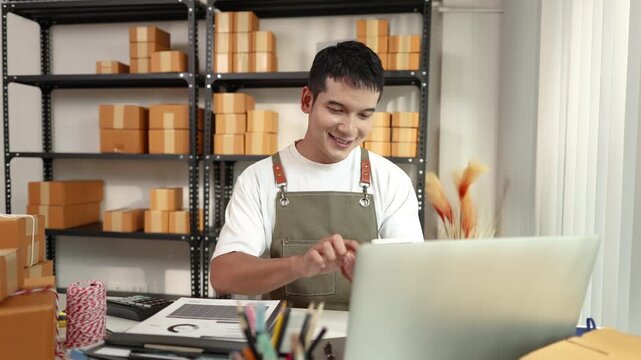 A confident online entrepreneur managing customer orders and digital marketing for his e-commerce business, symbolizing innovation, technology, and customer service excellence in modern trade.