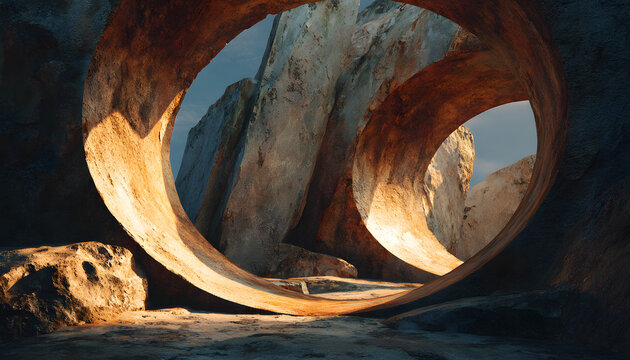 Circular stone formations linked with metallic accents, blending natural texture and industrial connection in balanced design