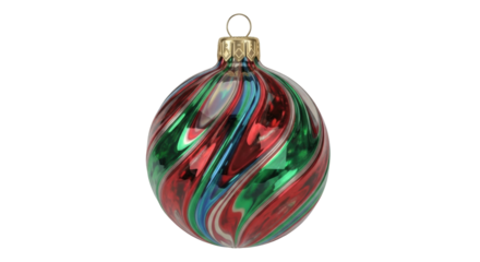 Isolated glass Christmas ornament holiday bauble with spiral swirls in red green and blue colors