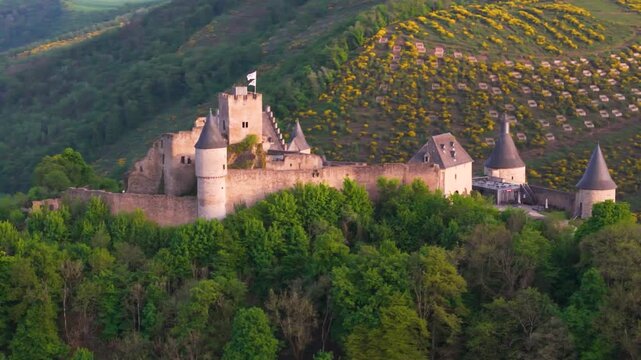 bourscheid castle ch&acirc;teau de green valley hills behind walls black domed towers flag top foggy day tall trees colorful to left around right drone panning 