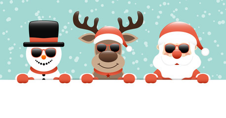 Schneemann Rentier Und Weihnachtsmann Sonnenbrille Horizontales Banner Schnee T&uuml;rkis