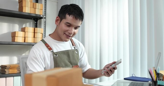 A confident online entrepreneur managing customer orders and digital marketing for his e-commerce business, symbolizing innovation, technology, and customer service excellence in modern trade.