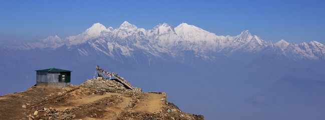 Ganesh Himal mountain range seen from Laurebina, Nepal. Fogy spring day in the Himalayas.
