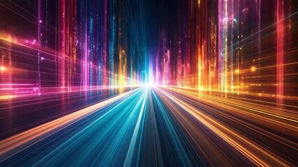 Abstract digital highway with colorful light trails and glowing vertical structures, symbolizing speed and data - Powered by Adobe