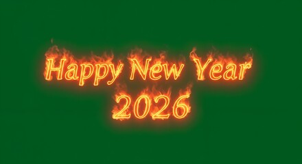 Wishing a happy new year 2026 with fiery letters and numbers symbolizing the year of the fire horse, isolated on a chromakey background