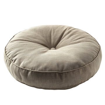Beige round floor cushion, soft fabric pouf pillow with tufted center, cozy minimalist home decor seating isolated PNG with Transparent Background