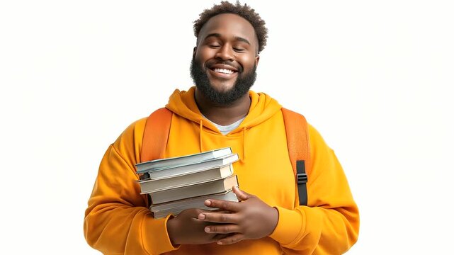 A happy young boy from a diverse background with an orange backpack and books, isolated on a white background, diversity, inclusivity, interracial couples, plus-size models, studen