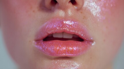 Close-up of shimmering, glossy lips with subtle freckles and dewy skin
