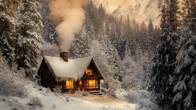 A cozy log cabin with glowing windows nestled in a snowy mountain forest at dusk