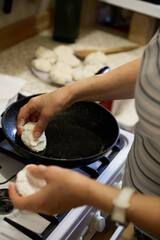 Senior Christmas cook prepares tasty pancake at home
