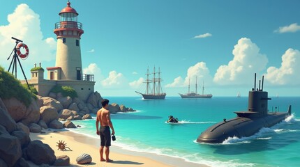 A Lone Figure Gazes Out at a Lighthouse and Ships Approaching the Shoreline on a Sunny Day