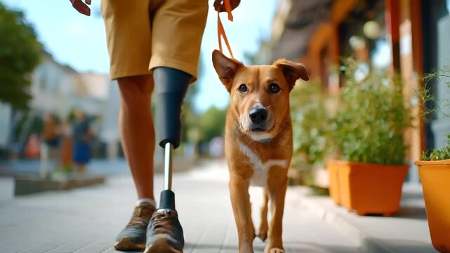 A person with a prosthetic leg walking a dog in a neighborhood, enjoying daily life, prosthetic dog walking, daily life disability, inclusive outdoor moment, neighborhood accessibi