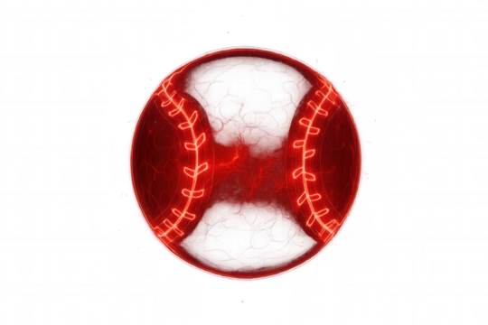 Baseball ball pulsing with red electric energy, depicting speed, power, and dynamic motion on transparent background