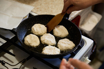 Senior Christmas cook prepares tasty pancake at home
