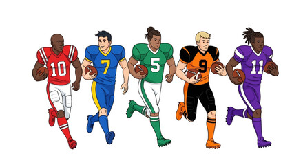 Diverse group of American football players in uniform running with the ball