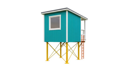 Isolated lifeguard hut, small lifeguard station, on posts, with a ladder, on no background