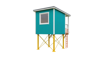 Isolated lifeguard hut, small lifeguard station, on posts, with a ladder, on no background