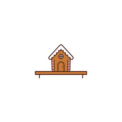 Gingerbread house on table, vector illustration. Christmas decorations, festive pastry and bakeries during winter holiday season