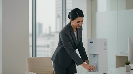 Realistic Office Video Of A Woman Getting Water At A Cooler