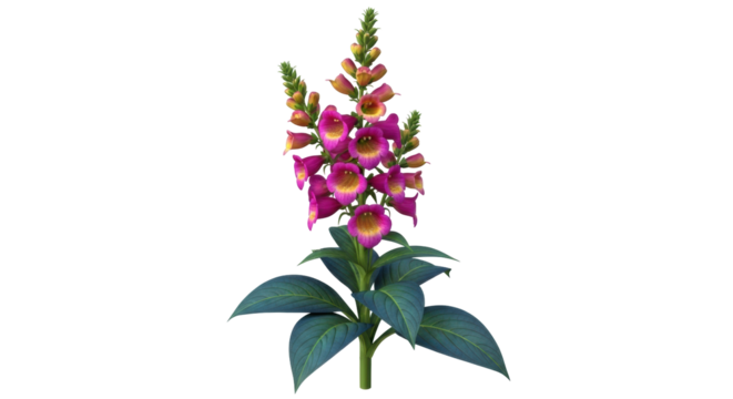 Isolated Digitalis flower, purple blooms with yellow throats, tall garden plant floral art