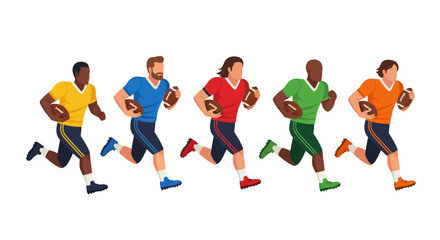 Diverse group of athletes in a dynamic running pose during a sports match, embodying teamwork and competition