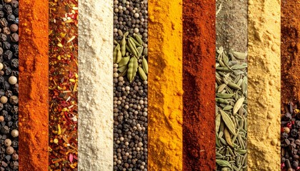 A vibrant display of assorted spices arranged in colorful vertical stripes, showcasing global flavors and culinary diversity.