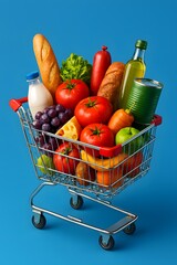 Shopping cart full of fresh vegetables and groceries