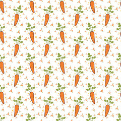 Seamless pattern cute carrots with green leaves, perfect for kids, healthy food designs.