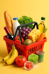 Shopping cart full of food on yellow background. Grocery and food store concept. 3d illustration