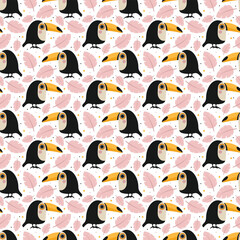 Baby toucan with pink leaves seamless pattern for children apparel, bedding, and wrap