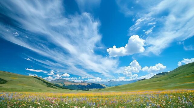 A vibrant wildflower meadow in a rolling green valley under a vast, dramatic sky
