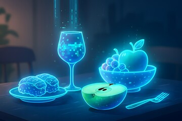 A futuristic dining table where dishes are projected as holograms  glowing sushi, pixelated wine, and data streams forming into fruits, symbolizing virtual dining and digital consumption.		
