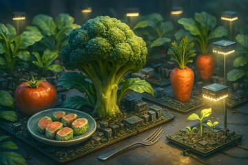 A fusion of organic farm and technology vegetables growing on electronic motherboards, tiny LED sun lamps nurturing sprouts, concept of smart agriculture and sustainable food tech.		

