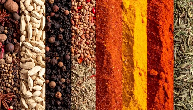A vibrant display of assorted spices arranged in colorful vertical stripes, showcasing global flavors and culinary diversity.