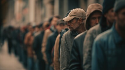 Obraz premium Men Standing in Long Outdoor Service Line